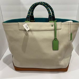 NWT COACH Bleecker Canvas & Leather Beach Tote Bag, Ivory color